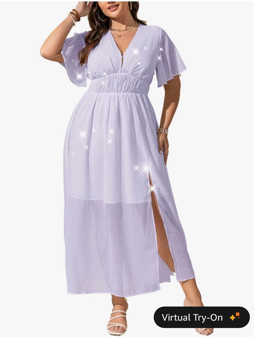 Lavender Sparkle Flutter-Sleeve Maxi Dress